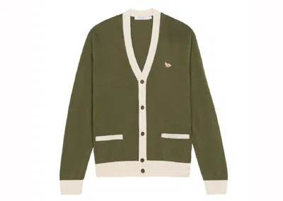 Pre-owned Maison Kitsuné Baby Fox Patch Bicolor Classic Cardigan In Khaki Grey