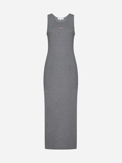 Maison Kitsuné Fox-motif Ribbed Midi Dress In Medium Grey Melange