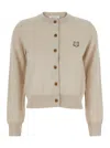 MAISON KITSUNÉ BEIGE CREWNECK CARDIGAN WITH FOX HEAD PATCH IN COTTON WOMAN