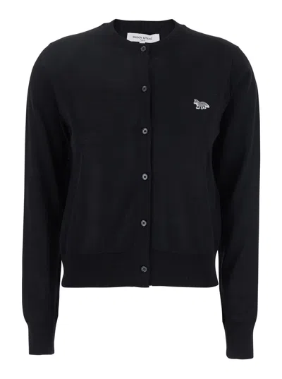 MAISON KITSUNÉ BLACK CARDIGAN WITH BABY FOX LOGO PATCH APPLIED ON THE FRONT IN WOOL WOMAN