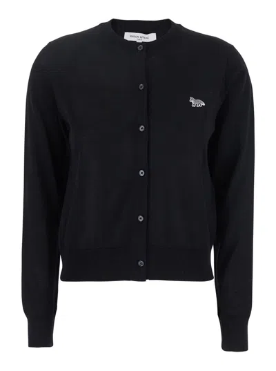 MAISON KITSUNÉ BLACK CARDIGAN WITH BABY FOX LOGO PATCH APPLIED ON THE FRONT IN WOOL WOMAN
