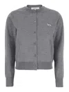 MAISON KITSUNÉ GREY CROPPED CARDIGAN WITH ROUND NECK AND LOGO EMBROIDERY ON THE FRONT IN WOOL WOMAN