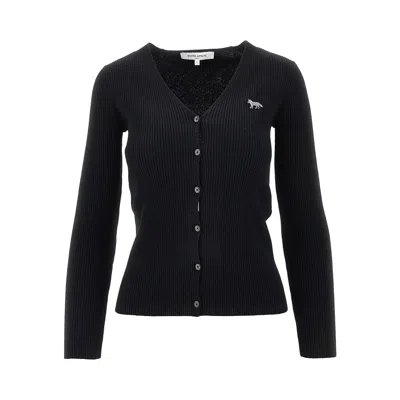 Maison Kitsuné 'baby Fox' Patch Ribbed Cardigan In Black