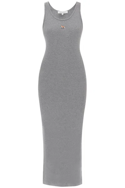 Maison Kitsuné Fox-motif Ribbed Midi Dress In Grey