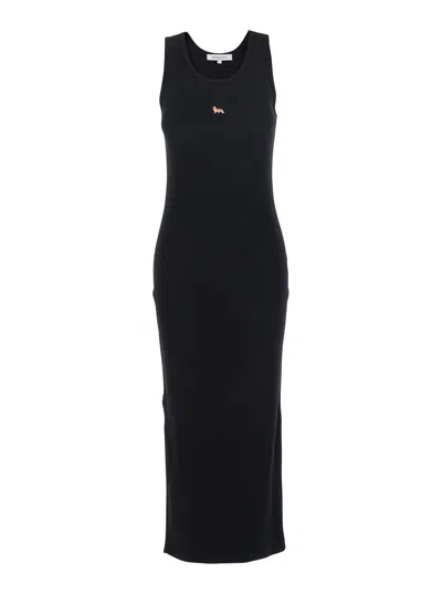 MAISON KITSUNÉ BLACK LONG DRESS WITH RIBBED DESIGN AND BABY FOX EMBROIDERED ON THE FRONT IN COTTON WOMAN