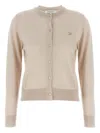 Maison Kitsuné Beige Cropped Cardigan With Round Neck And Logo Embroidery On The Front In Wool Woman