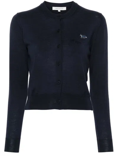 Maison Kitsuné Logo-embroidered Wool Cardigan In Blue