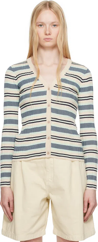 Maison Kitsuné Beige & Blue Fine Rib Striped Cardigan