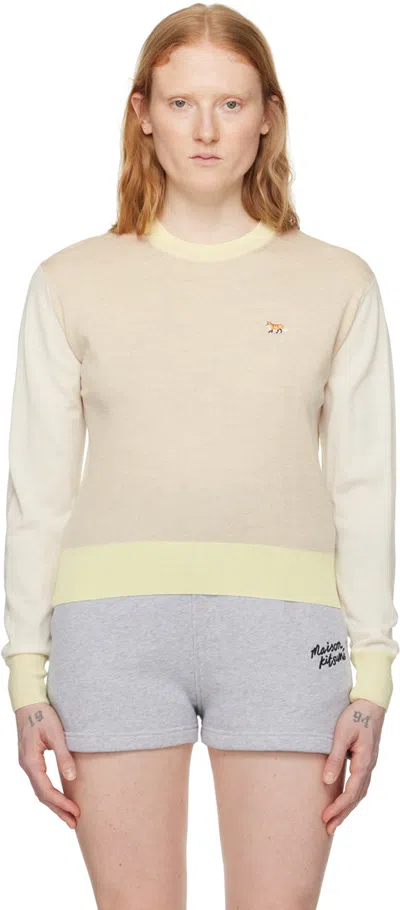 Maison Kitsuné Beige & Green Baby Fox Sweater In H218 Light Beige