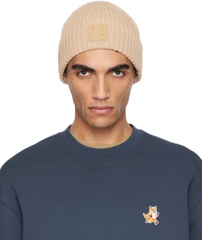 Maison Kitsuné Beige Bold Fox Head Leather Patch Beanie In 0129 Chamois