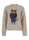 Maison Kitsuné Beige Crew Neck Sweater With Ribbed Design And Front Embroidery In Wool Woman In Multi