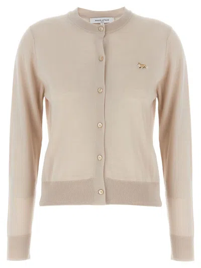 Maison Kitsuné Beige Cropped Cardigan With Round Neck And Logo Embroidery On The Front