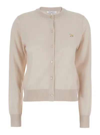 Maison Kitsuné Beige Cropped Cardigan With Round Neck And Logo Embroidery On The Front In Wool Woman