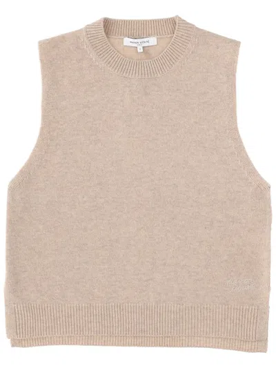 Maison Kitsuné Beige Ribbed Boxy Wool Vest In Black