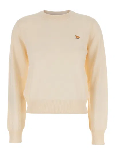MAISON KITSUNÉ BEIGE SWEATER WITH BABY FOX LOGO PATCH ON THE FRONT IN WOOL WOMAN