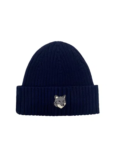 Maison Kitsuné Blue Knit Beanie With Logo Patch On The Front In Wool Man