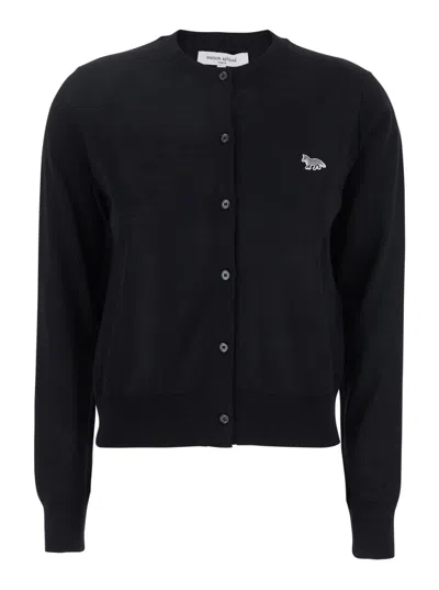 Maison Kitsuné Black Cardigan With Baby Fox Logo Patch Applied On The Front In Wool Woman