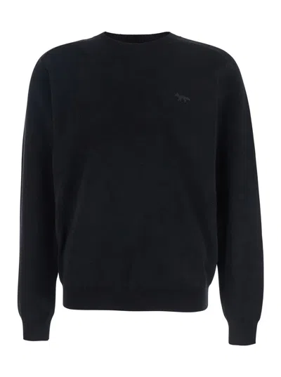 Maison Kitsuné Black Crew Neck Sweater With Fox Patch On The Front In Wool Man