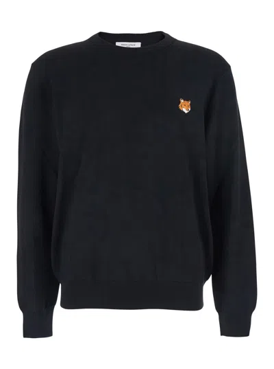 MAISON KITSUNÉ BLACK CREW NECK SWEATER WITH FOX PATCH ON THE FRONT IN WOOL MAN