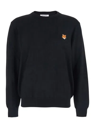 Maison Kitsuné Wool Crewneck Sweater Featuring Fox Design In Black
