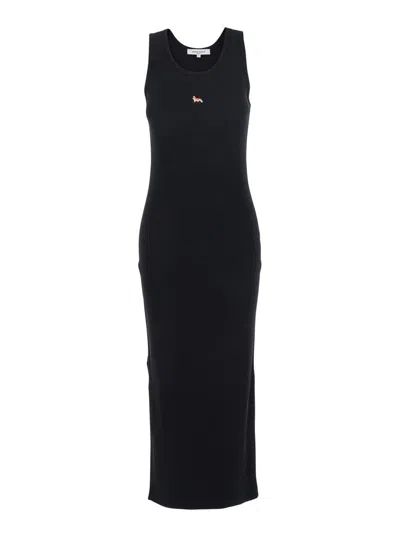 Maison Kitsuné Black Long Dress With Ribbed Design And Baby Fox Embroidered On The Front