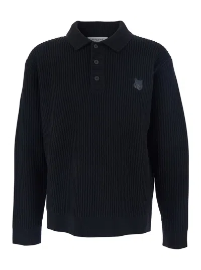 Maison Kitsuné Black Ribbed Sweater With Front Logo Patch In Cotton Man