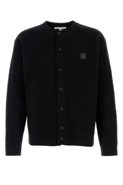MAISON KITSUNÉ BLACK ROUND NECK LOGO CARDIGAN