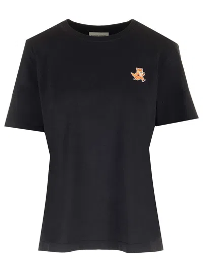 MAISON KITSUNÉ BLACK T-SHIRT WITH SPEEDY FOX PATCH