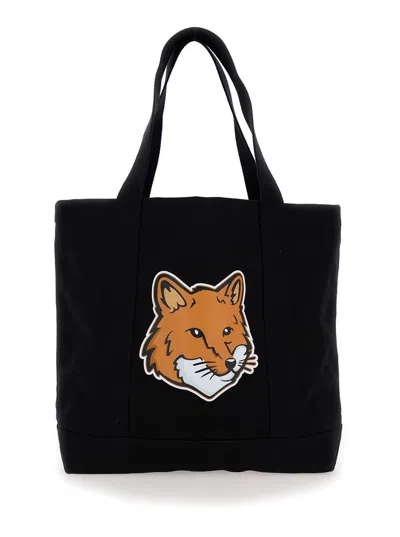 Maison Kitsuné Black Tote Bag With Fox Head Patch In Cotton Canvas Man