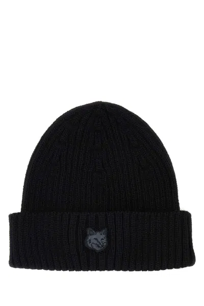 Maison Kitsuné Black Wool Beanie Hat