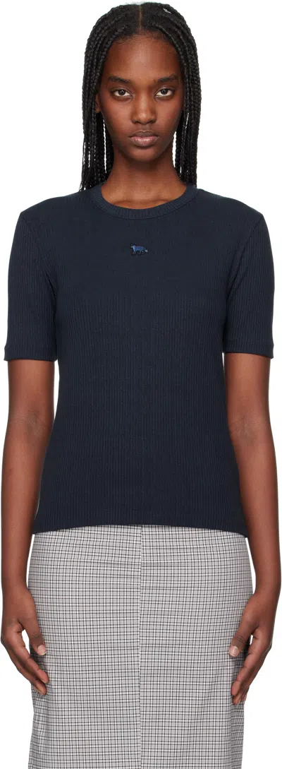 Maison Kitsuné Blue Baby Fox Ribbed Fitted T-shirt In P476 Ink Blue