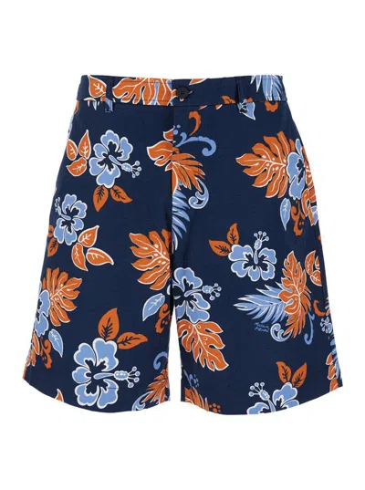 Maison Kitsuné Blue Bermuda Shorts With Floral Print In Cotton Man In Multi