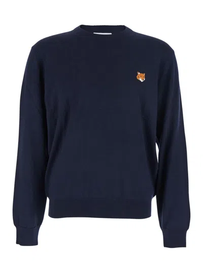 MAISON KITSUNÉ BLUE CREW NECK SWEATER WITH FOX PATCH ON THE FRONT IN WOOL MAN