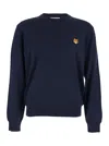 Maison Kitsuné Blue Crew Neck Sweater With Fox Patch On The Front In Wool Man In Multi