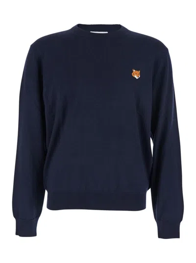 Maison Kitsuné Blue Crew Neck Sweater With Fox Patch On The Front In Wool Man In Multi
