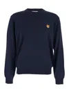 Maison Kitsuné Blue Crew Neck Sweater With Fox Patch On The Front In Wool Man In Multi