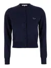 Maison Kitsuné Blue Crewneck Cardigan With Logo Patch On The Front In Wool Woman In Blue