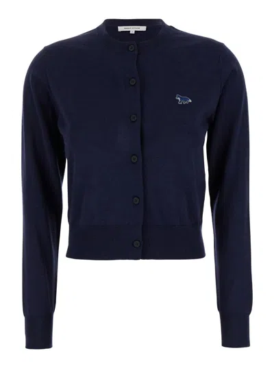 Maison Kitsuné Blue Crewneck Cardigan With Logo Patch On The Front