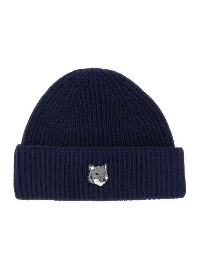 Maison Kitsuné Blue Embroidered Logo Beanie Hat In Burgundy