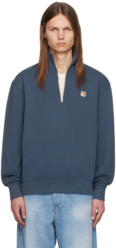 Maison Kitsuné Blue Fox Head Half-zip Sweatshirt In P476 Ink Blue