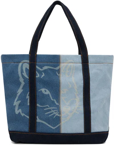 Maison Kitsuné Blue Fox Head Medium Denim Tote In P471 Washed Indigo