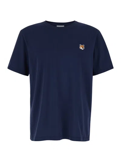 MAISON KITSUNÉ BLUE T-SHIRT WITH FOX HEAD PATCH IN COTTON MAN
