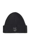 Maison Kitsuné Bold Fox Head Ribbed Beanie In Black