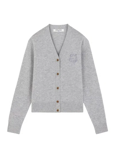 Maison Kitsuné Fox Head Embroidered Cropped Cardigan In Grey