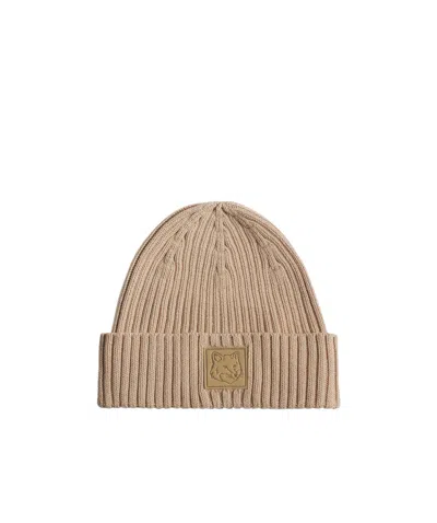 Maison Kitsuné Bold Fox Head Leather Patch Beanie In Nude