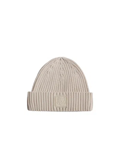 Maison Kitsuné Bold Fox Head Leather Patch Beanie In Nude
