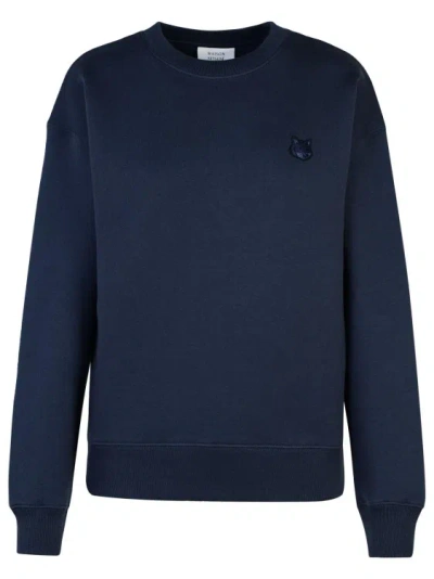 Maison Kitsuné Long-sleeve Cotton Top With Embroidered Fox Emblem In Blue