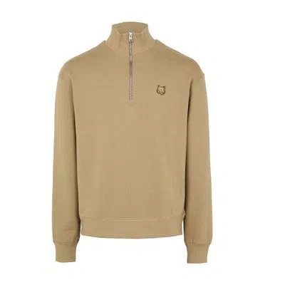 Maison Kitsuné Bold Fox Head Patch Comfort Half Zipped Sweatshirt In Beige