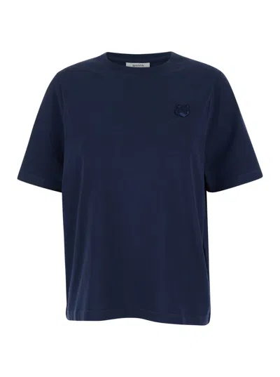 Maison Kitsuné Blue Crewneck T-shirt With Fox Head Logo Patch On The Front In Cotton Woman