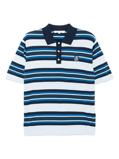 Maison Kitsuné Bold Fox Head Patch Fine Gauge Striped Polo Shirt In Blue